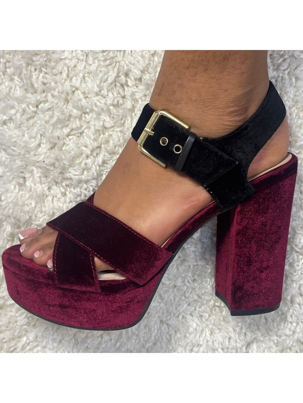 Lily Edelman Burgundy Velvet Platform Heels Size 8 Black Strap Bow Y2K McBling